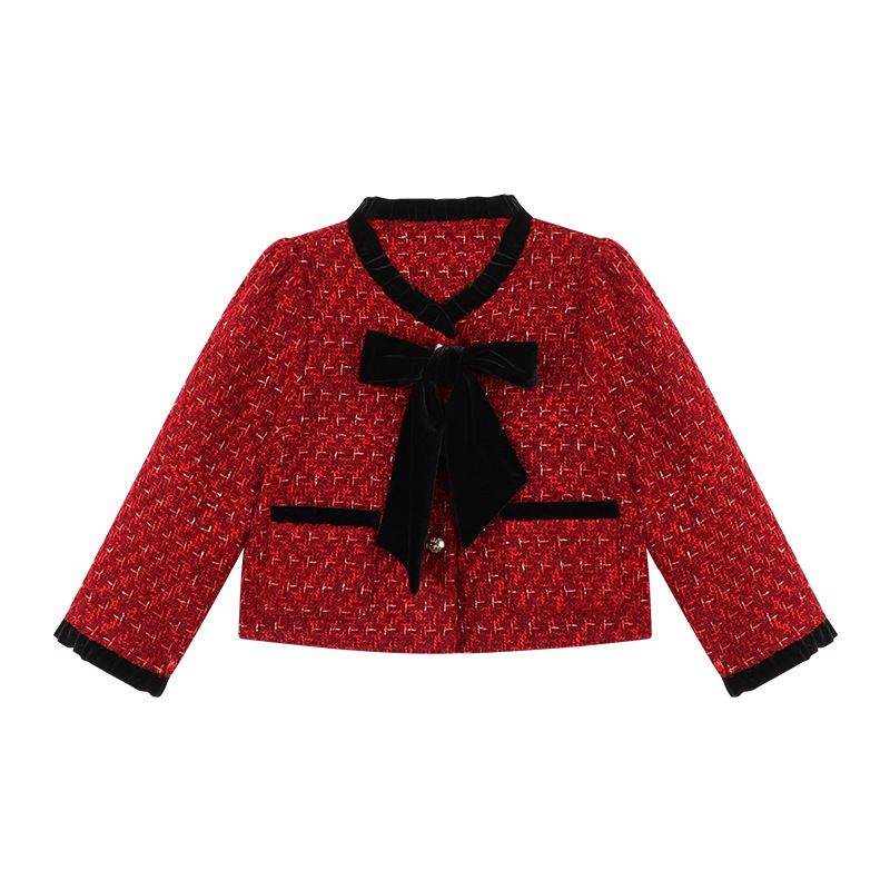 Kids Clothing Red Small Temperament Bow Thickened Coat_voghion.com