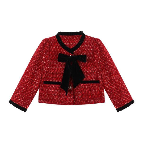 Kids Clothing Red Small Temperament Bow Thickened Coat_voghion.com