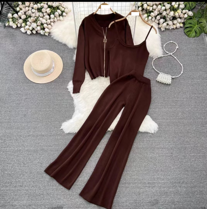 Damenbekleidung Modischer Anzug im koreanischen Stil mit langen Ärmeln und Rundhalsausschnitt, Reißverschluss, Strickjacke, Jacke, dreiteiliger Anzug, Unterhemd, hohe Taille, Hose mit weitem Bein_voghion.com