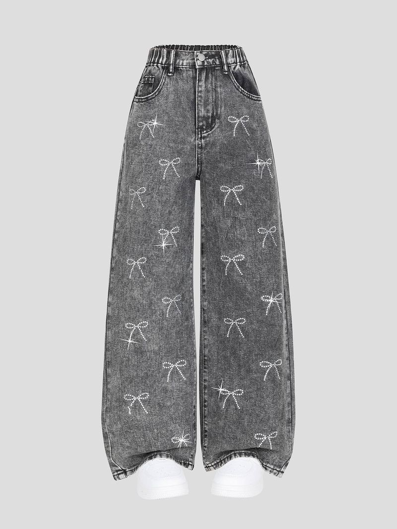 Anne ve Çocuklar için Yapay Elmaslı Fiyonklu Kot | Vintage Yıkama Kloş Pantolon_voghion.com