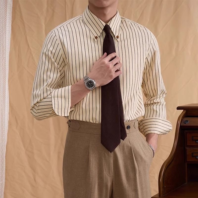 Abbigliamento da uomo, primavera e autunno, camicia a righe verticali di alta qualità, colletto a punta, camicia a maniche lunghe, antirughe, non stirabile_voghion.com