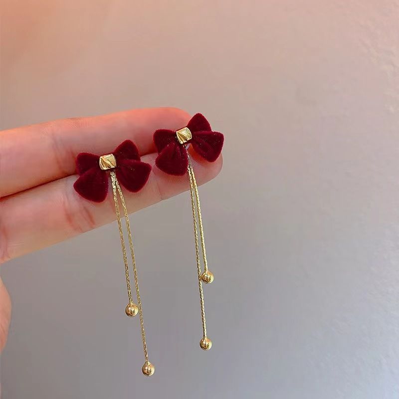 Nuovo fiocco in velluto rosso con ago in argento S, orecchini lunghi di alta moda, per l'autunno e l'inverno_voghion.com