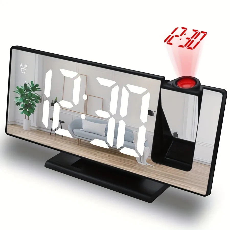 1pc, LED mirror clock,Large 3D Projection Alarm Clock with Mirror, Temperature Display, and Auto Brightness - Perfect for Bedroom and Bedside Use_voghion.com
