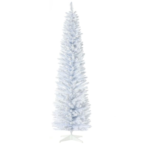 7' Snow Flocked Artificial Pencil Christmas Tree, Slim Xmas Tree With Realistic Branches And Plastic Base Stand For Indoor Decoration, White_voghion.com