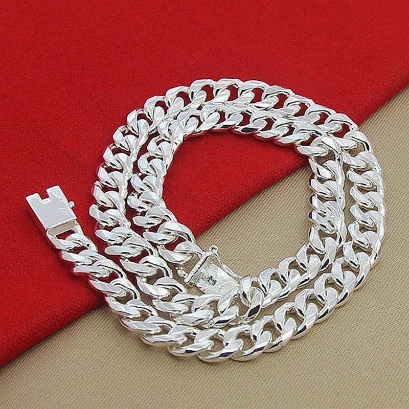 Collana con fibbia quadrata da 10 mm, per uomo, in argento placcato, catena cubana da 20 a 24 pollici_voghion.com