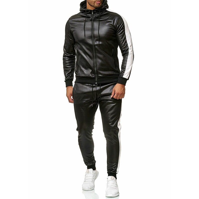 Autunno e inverno europei da uomo con cappuccio e giacca in pelle PU patchwork, sport, corsa lenta, set casual in due pezzi_voghion.com