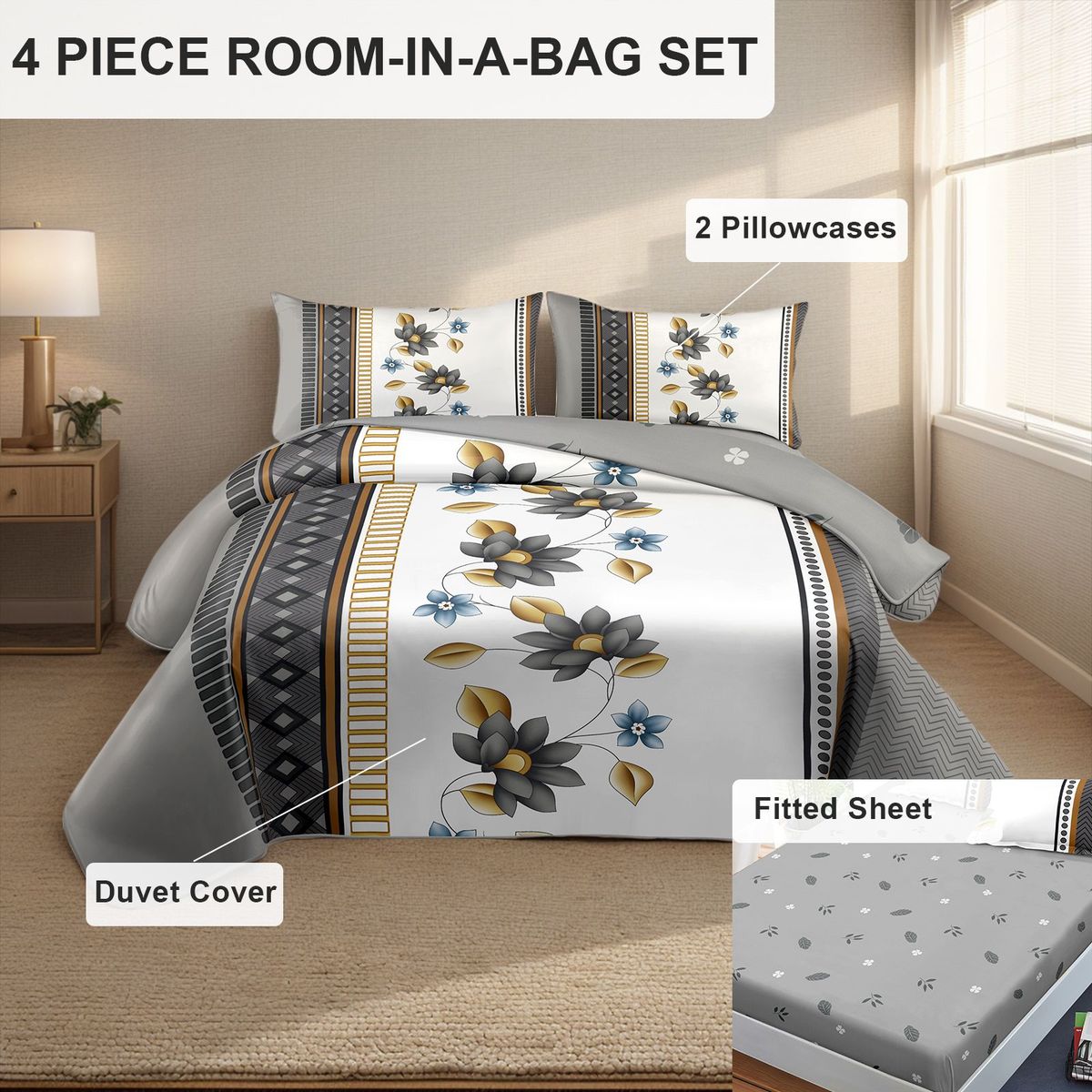 4 Piece Soft All-Season Washed Microfiber Cover Set , Queen/King/Calking Bedding Set With Zipper Closure, Sheet, Pillowcases,Print, Moisture-Wicking, Soft ,Cooling, Breathable, Easy Care_voghion.com