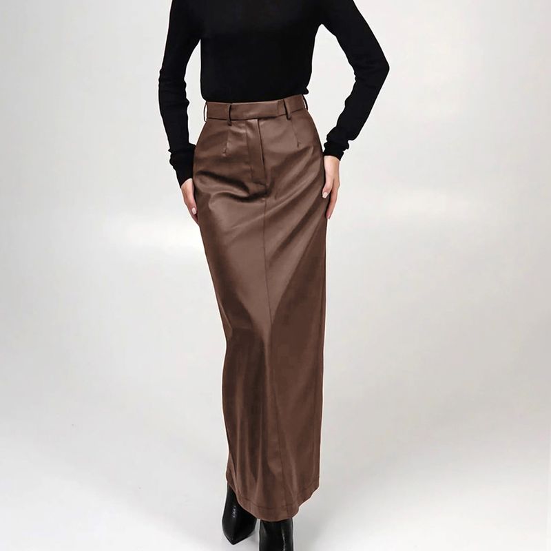 Gonna in pelle a vita alta retrò marrone in pelle PU lunga autunno e inverno nuova moda pendolare abbigliamento femminile versatile_voghion.com
