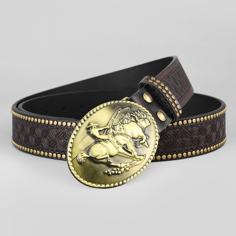 HOT Western cowboy Bull head harness trend Retro youth punk emboweled men's riveted leather belt_voghion.com