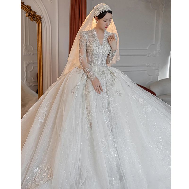 Women's Clothing Wedding Dress New Bride Long Sleeve Palace Style V Neck Heavy Industry Long Tail Texture Main Wedding Dress Spring And Summer_voghion.com