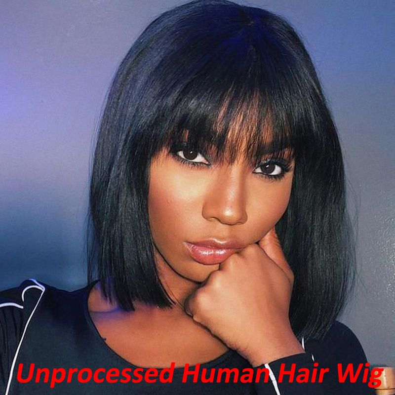 Unprocessed Virgin Human Hair Swiss Short Bob Wigs with Bangs Hair 08"-14" Deep Parting Lace Front Wigs for Women_voghion.com