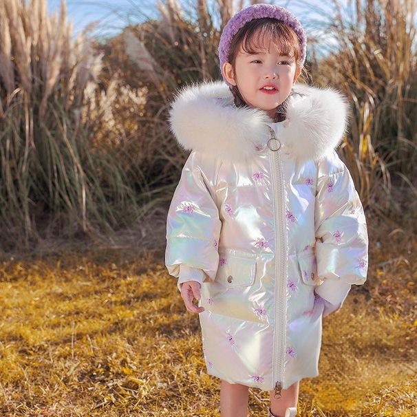 Lśniący, długi, puchowy płaszcz z kapturem dla dziewczynek – ciepła, zimowa kurtka puchowa z 50-55% białego puchu kaczego, z haftem dla nastolatek (wzrost 120-160 cm)_voghion.com