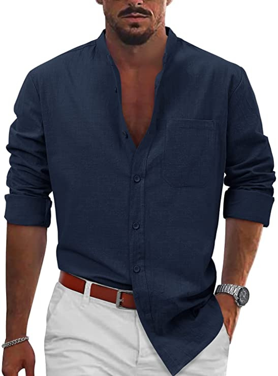 Camicia da spiaggia in lino e cotone a maniche lunghe con fibbia per il tempo libero, più venduta da uomo_voghion.com