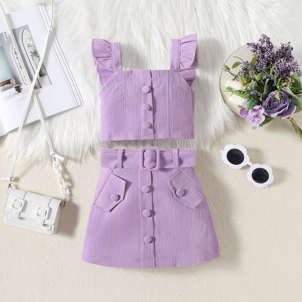 2024 Summer Middle and Children's Solid Color Hanging Strap Small Flying Sleeve Top+Short Skirt+Belt Trendy Girl Set_voghion.com