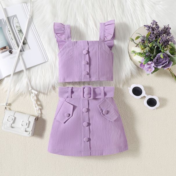2024 Summer Middle and Children's Solid Color Hanging Strap Small Flying Sleeve Top+Short Skirt+Belt Trendy Girl Set_voghion.com