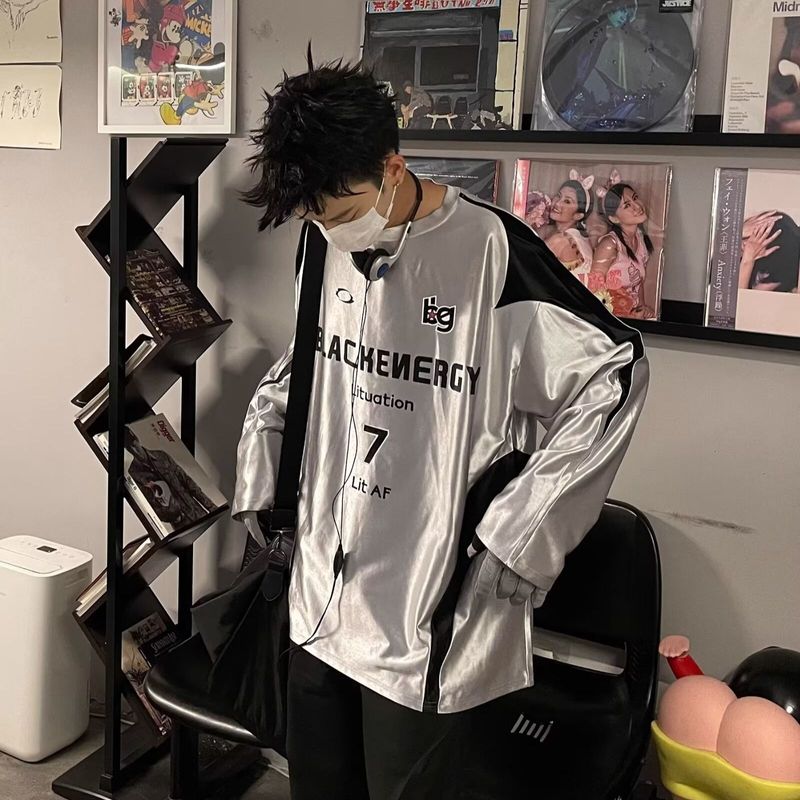 Men's Clothing Retro Deconstruction Stitching Contrast Color Letter Printing Long Sleeved T Shirt Sports_voghion.com