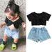 Mother&Kids Fashion kids girls summer clothing Bow solid color short sleeve T-shirt + denim shorts set_voghion.com