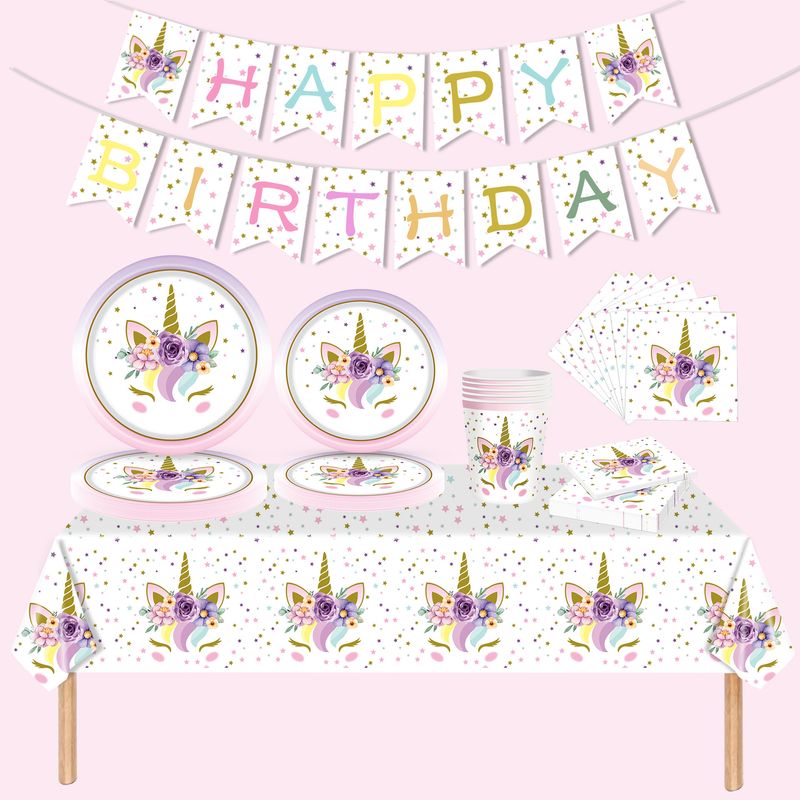 Colored gold flower unicorn paper plate, tablecloth, tissue banner, children's birthday party set, decorative items_voghion.com