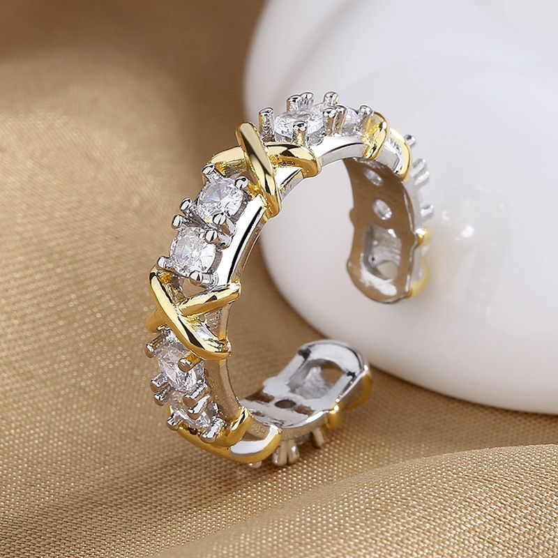 Valentine's Day high fashion color separation letter X cross ring female Zircon open ring personality light luxury ins style_voghion.com