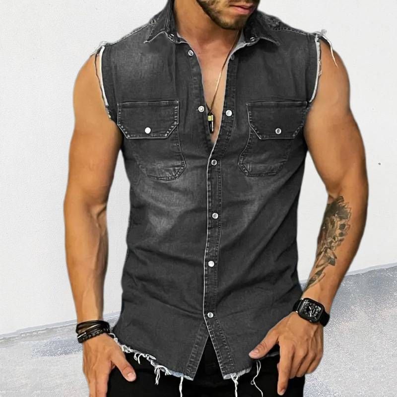 Premium Denim T-shirt, Men's Lapel Sleeveless Cardigan Top, Muscle Vest_voghion.com