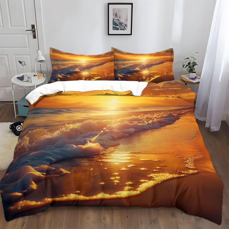 Bed Linen Set Sunset Beach Sea Sand 3D Duvet Cover Soft Microfibre Bedroom Bed Set With Zip And Pillowcase ﻿_voghion.com