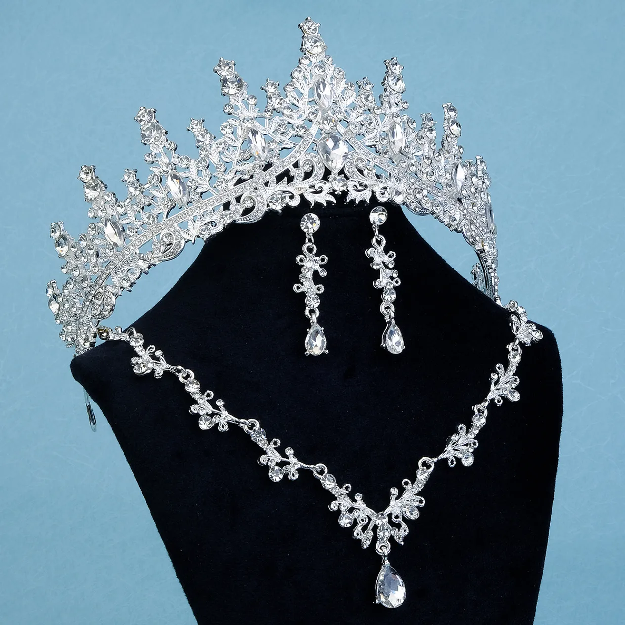 Nowy naszyjnik kolczyki luksusowy, wszechstronny zestaw biżuterii na bankiet weselny ze stopu wody i diamentowej korony ślubnej_voghion.com