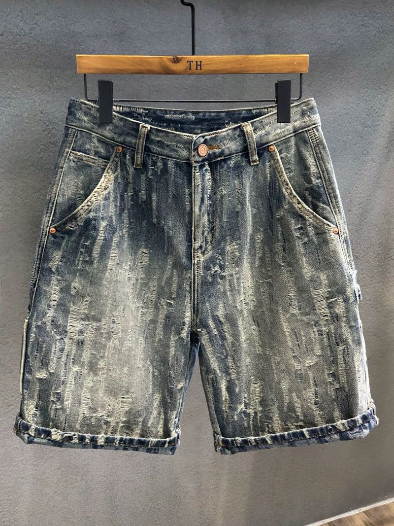 Pantaloncini in denim di marca alla moda, stile di design, da uomo, con lavorazione pesante, graffiati e lavati, pantaloni sottili da uomo, 2025, pantaloncini larghi_voghion.com