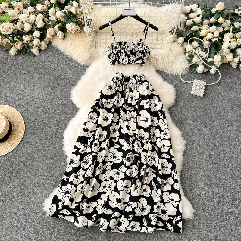 Women's Clothing Seaside holiday style printed suit for women 2024 new style camisole versatile high waist long skirt two-piece suit_voghion.com