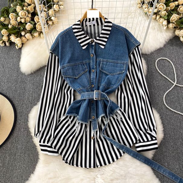 Zweiteilige, lockere Jeansweste für Damen, gespleißtes gestreiftes Hemd, lässiges, unregelmäßiges Oberteil für Damen_voghion.com