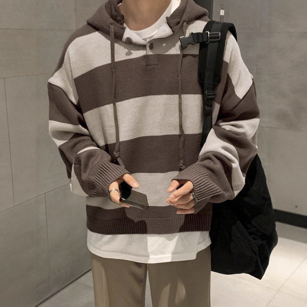 Men's Oversized Striped Hooded Knit Sweater - Long Sleeve Pullover With Button Detail For Autumn & Winter_voghion.com