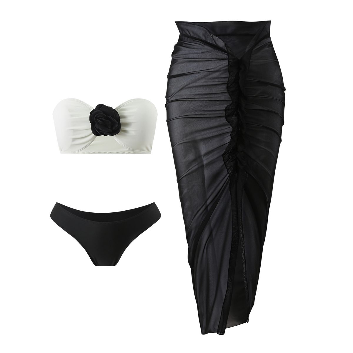 Damenbekleidung Farblich passende Sexy New Rose Dreiteiliger Netz-Badeanzug mit langem Rock Bikini_voghion.com