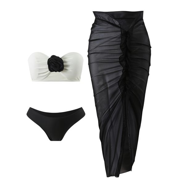 Damenbekleidung Farblich passende Sexy New Rose Dreiteiliger Netz-Badeanzug mit langem Rock Bikini_voghion.com