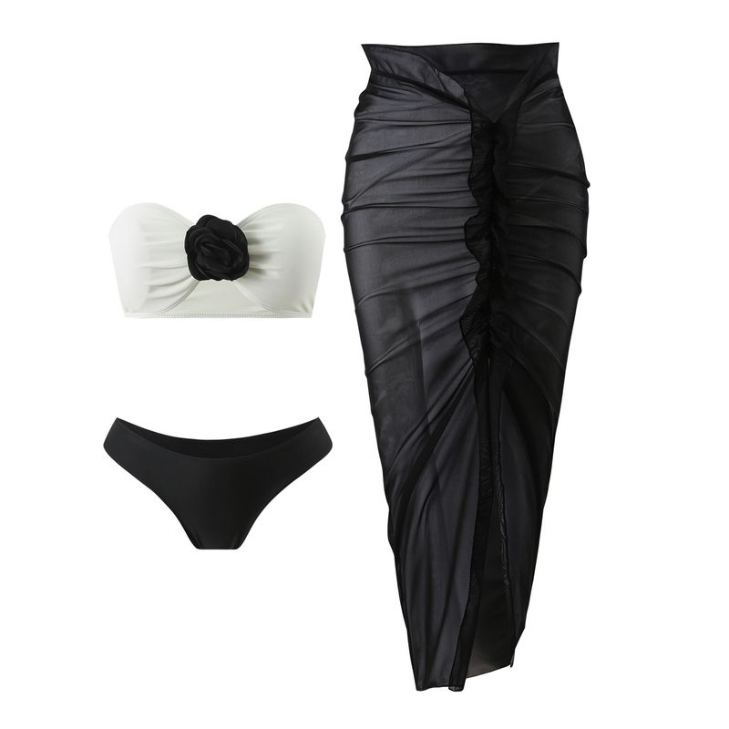 Women's Clothing Color Matching Sexy New Rose Three Piece Mesh Long Skirt Swimsuit Bikini_voghion.com