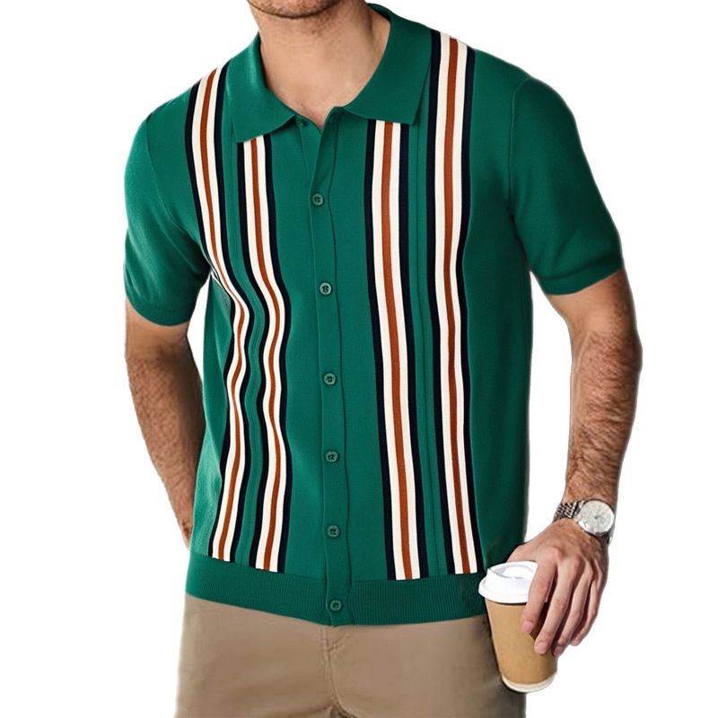 Polo da uomo a righe, a maniche corte, in maglia, stile casual business_voghion.com