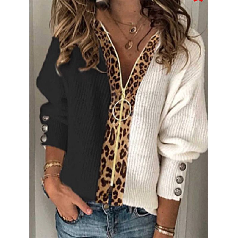 Damen Herbst und Winter neue Strickjacke mit Leoparden-Reißverschluss_voghion.com