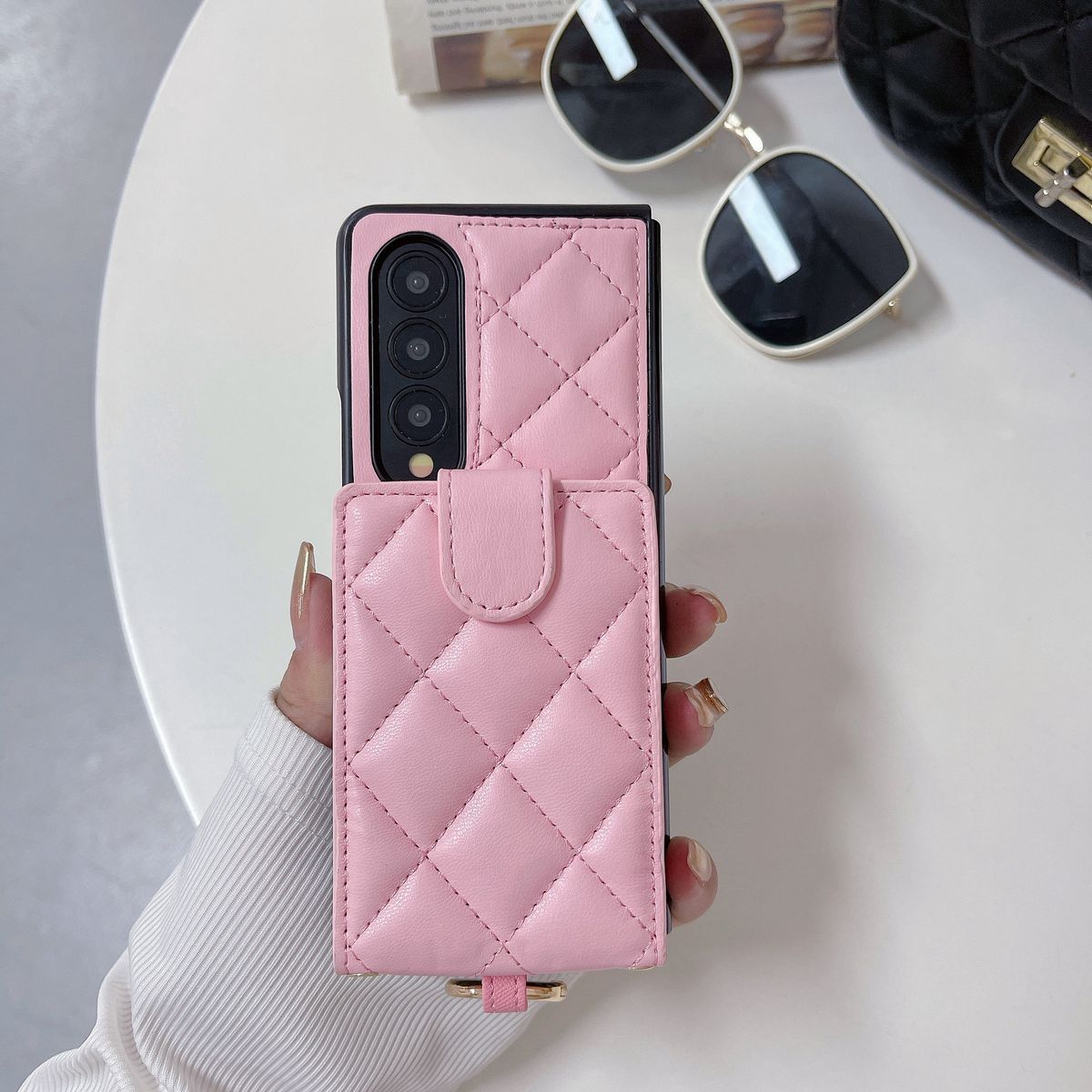 Mobile phone case for Samsung Z Fold5 folding screen mobile phone case ZFOLD4 bright leather rhombus card holder diagonal fold3 protective case_voghion.com