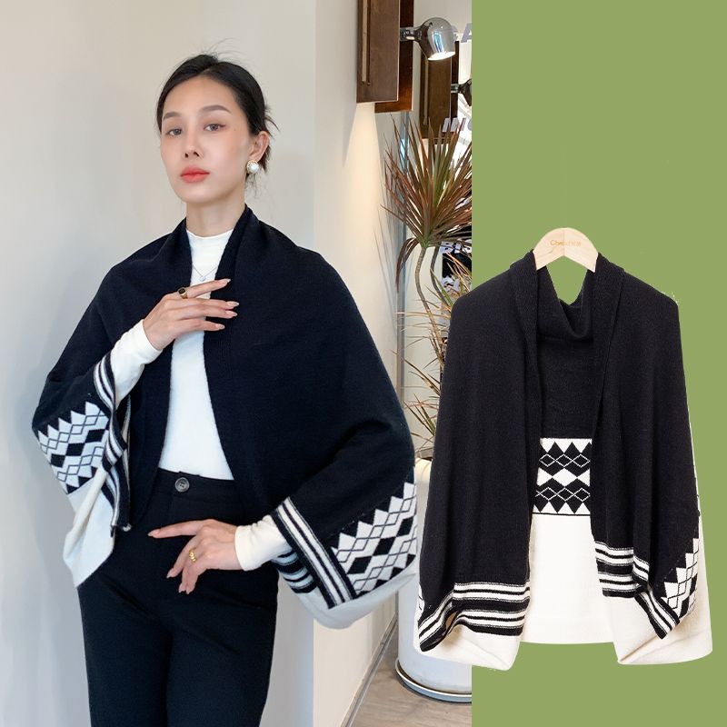 Scialle in cashmere con griglia a rombi in vendita in fabbrica per donna in autunno inverno, abbinato a cardigan cheongsam, semplice_voghion.com