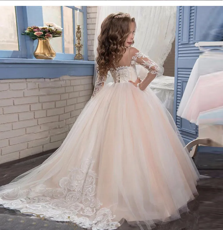 Mère et enfants filles robe à pommeau robe de princesse robe de soirée piano performance robe de mariée longue queue fleur enfant robe_voghion.com