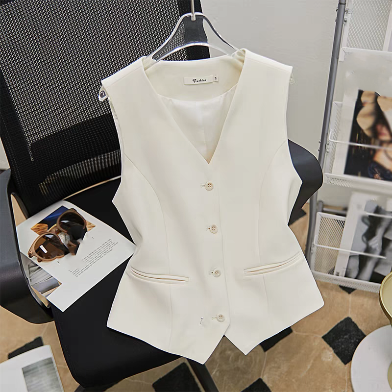 Women's Clothing fashion waist short vest jacket in summer high-end temperament V-neck white suit vest_voghion.com