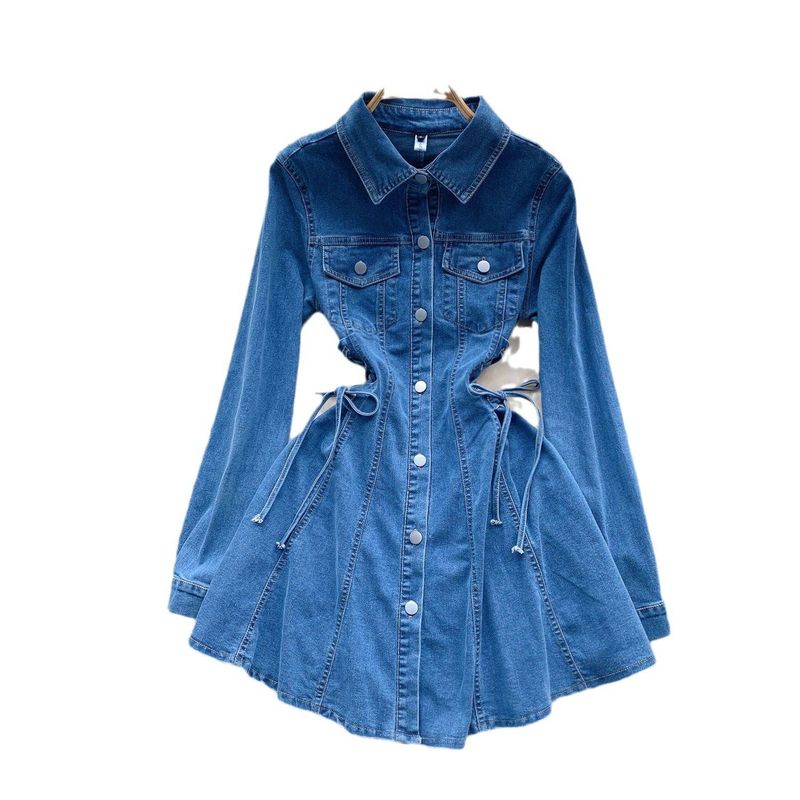 Women's Clothing retro denim skirt waist tie waist temperament buttoned slim short dress_voghion.com