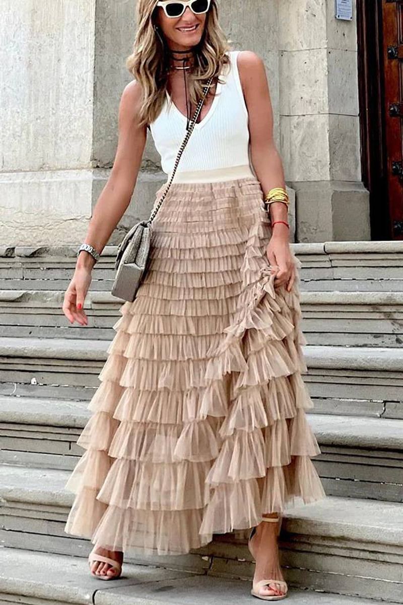 Falda larga de tul con volantes multicapa para mujer, estilo bohemio, de cintura alta, para fiesta de primavera y verano_voghion.com