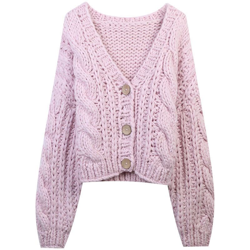 Ragazza 2023 Primavera Nuovo Maglione da Donna Manica Lunga Scollo a V Maglia a Trecce Monopetto Stile Lazy Lazy Cardigan Giacca Lavorato a Maglia_voghion.com