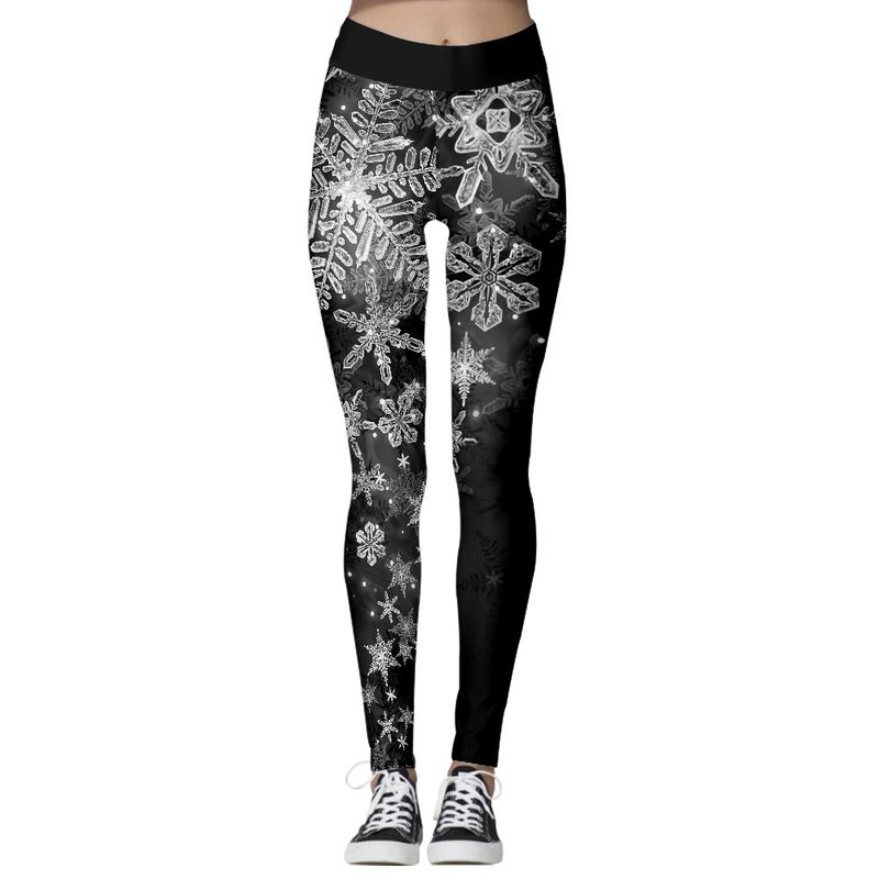 Calça de moletom feminina com estampa de floco de neve e calça de ioga de Natal_voghion.com