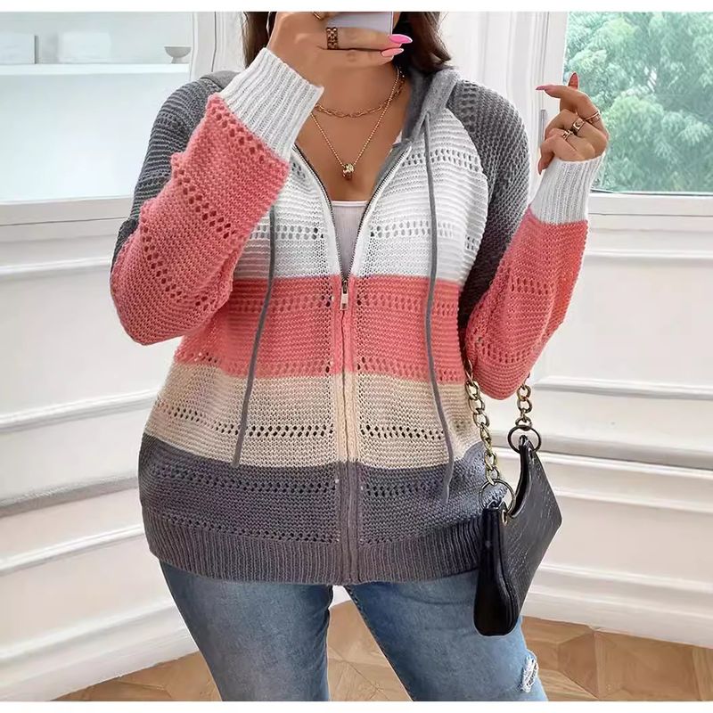 Damen-Kapuzenpullover mit Reißverschluss in Übergröße, Vintage-Stil, langärmelige Strickjacke mit Farbblock- und Färbeeffekt, leichtes Polyester für Herbst/Winter_voghion.com