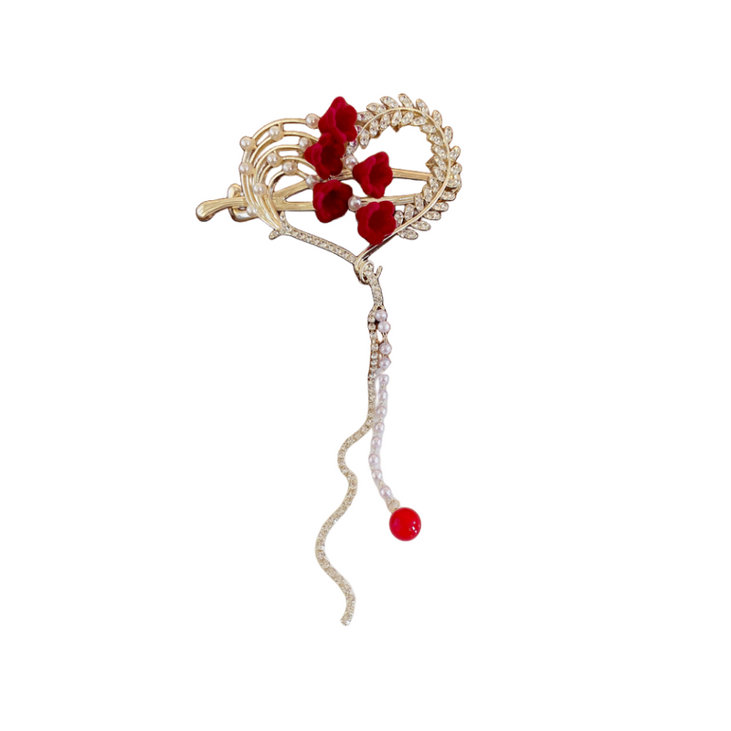 Premium red flocking flower fringe Lady clip frog hair clip hair accessory card_voghion.com