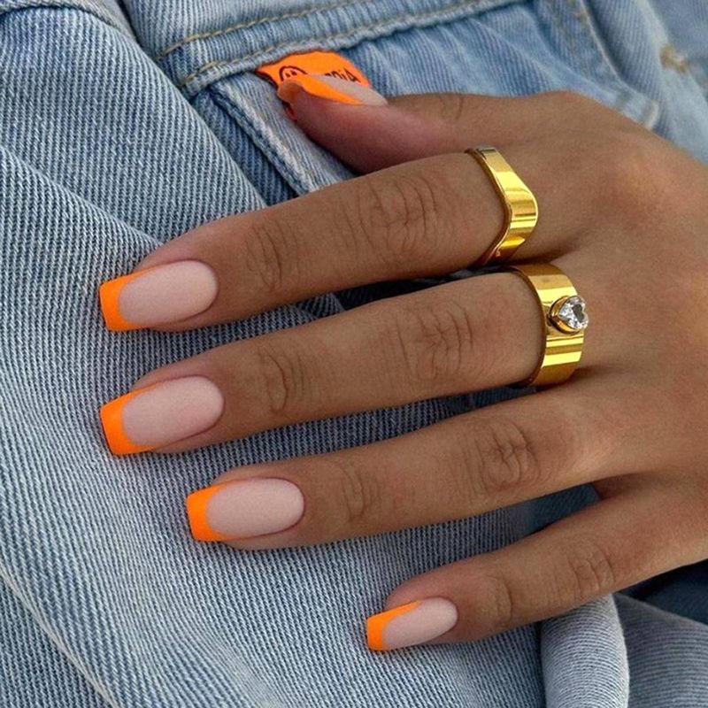  24 de bucăți de unghii pătrate lungi și mijlocii Scrub portocaliu simplu Unghii false franțuzești Poartă la modă în amurg de toamnă purta nail art purta unghii și 1 radieră și 1 gel_voghion.com