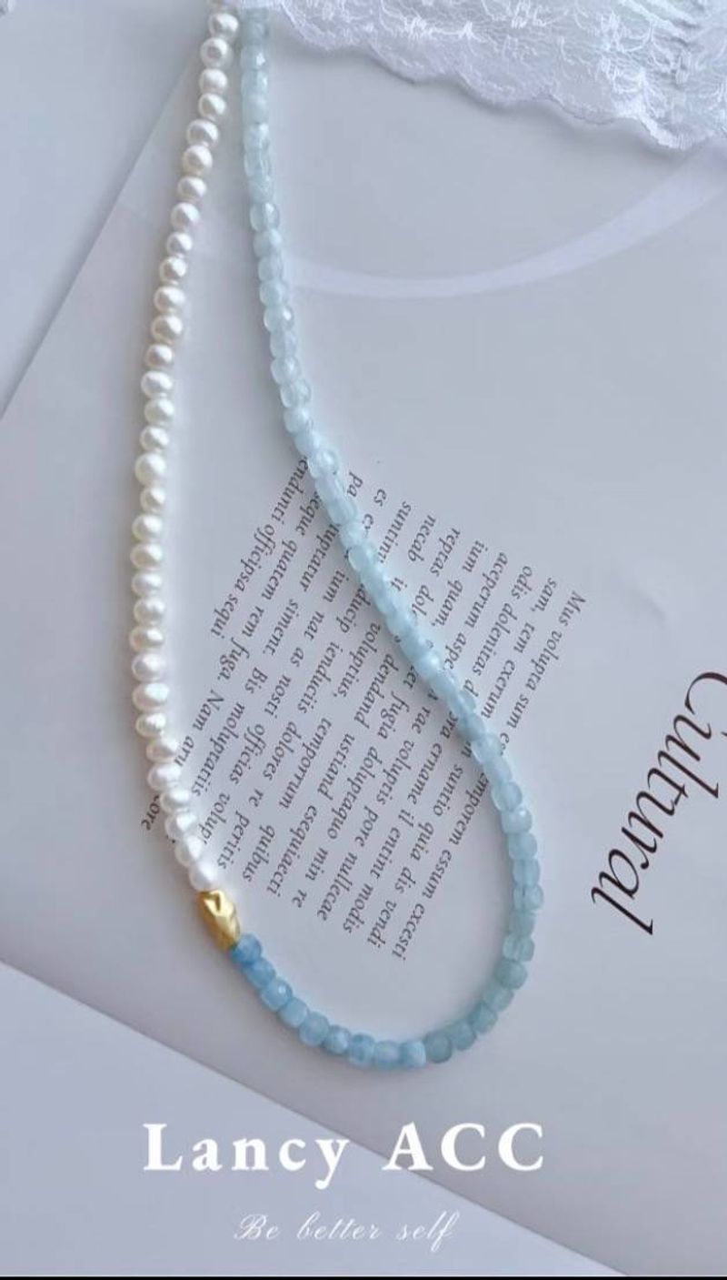 XL05 <Mermaid Tears>aquamarine Natural Stone Gradient Freshwater Pearl Necklace Clavicle Chain Summer-limited_voghion.com