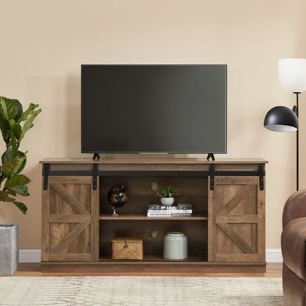 58' Farmhouse TV Stand And Entertainment Center For Televisions Up To 65 Inchs,with Sliding Barn Doors And Storage Cabinets,Natural Brown_voghion.com