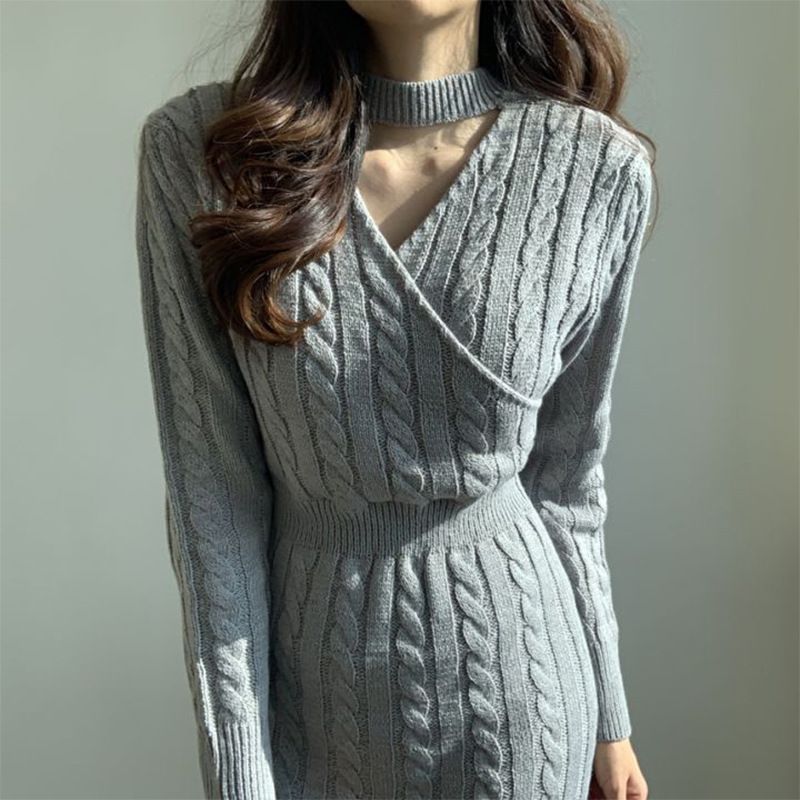 Abito in maglia reversibile con scollo rotondo, versatile, elegante, in maglia intrecciata, con scollo a V e orlo diviso, grigio, nero (taglia unica per 40-60 kg)_voghion.com