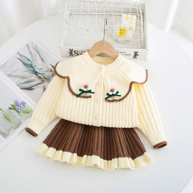 Falda de suéter para niños, cárdigan de punto con dos flores y cuello grande, suéter bonito de dos piezas para niñas_voghion.com